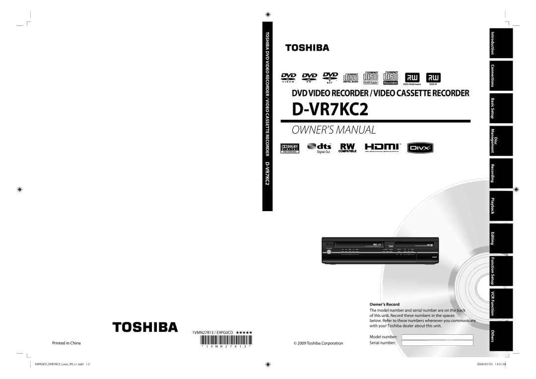 Toshiba D-VR7KC2 owner manual Owner’s Record, 1VMN27813 / E9PG0CD, Playback, Editing, Function Setup 