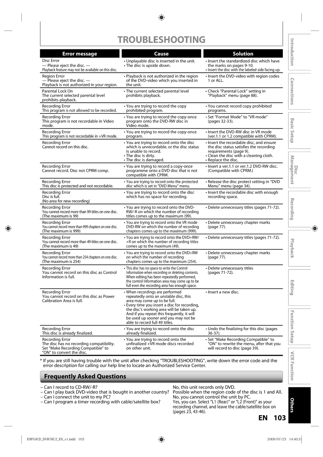 Toshiba D-VR7KC2 owner manual Frequently Asked Questions, Can I record to CD-RW/-R?, Pages 23 