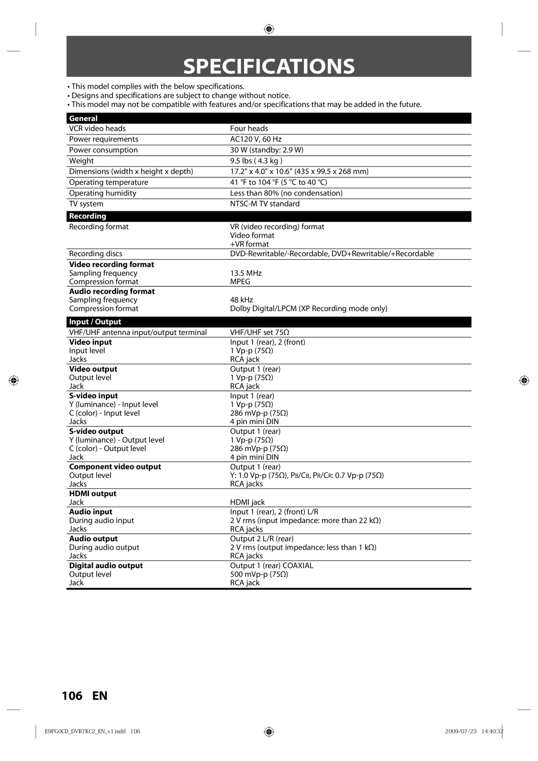 Toshiba D-VR7KC2 owner manual Specifications, General, Recording, Input / Output 