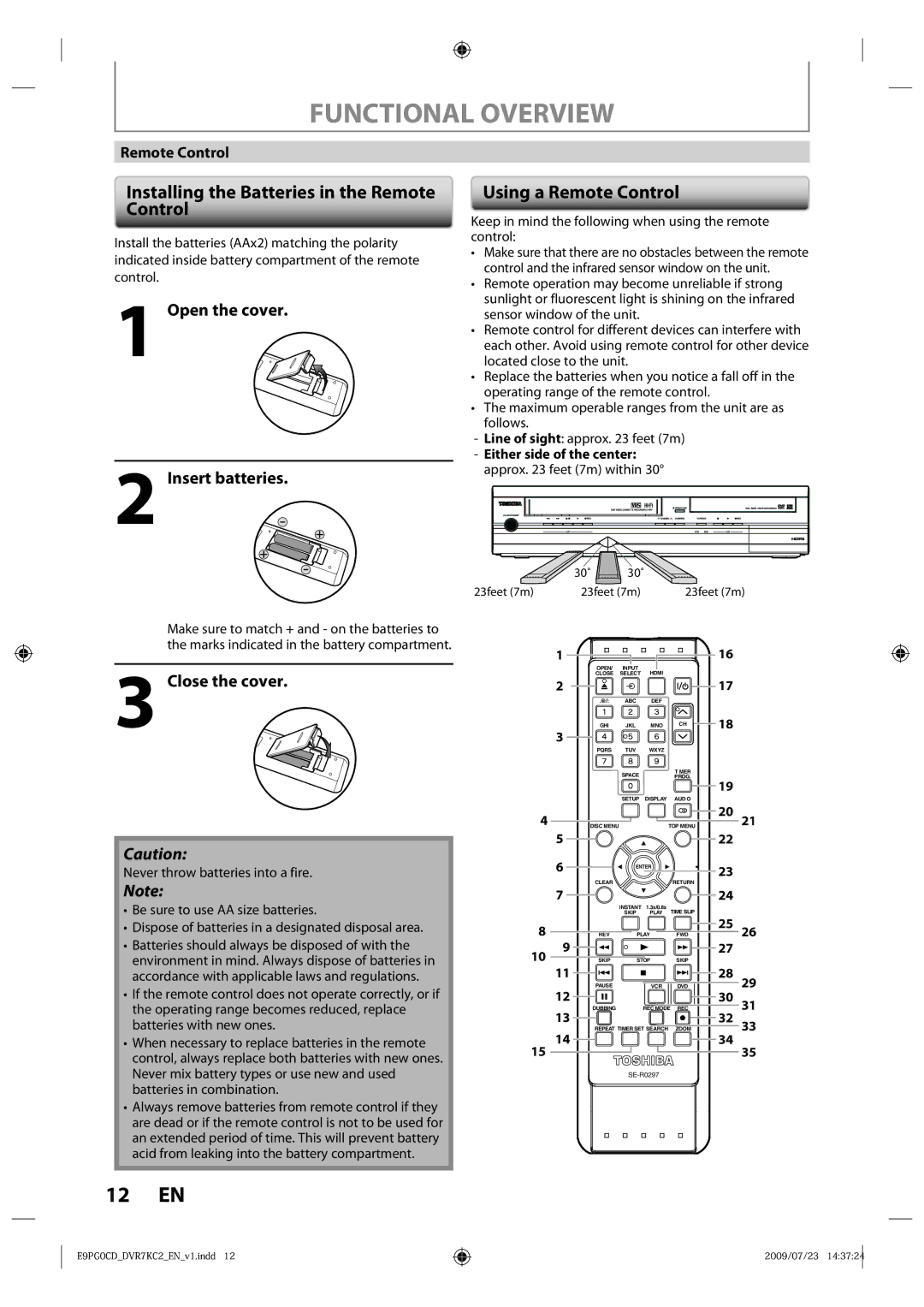 Toshiba D-VR7KC2 owner manual Functional Overview, Installing the Batteries in the Remote Control, Using a Remote Control 