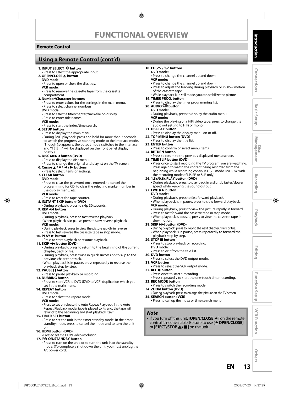 Toshiba D-VR7KC2 owner manual Using a Remote Control cont’d, Setup button 