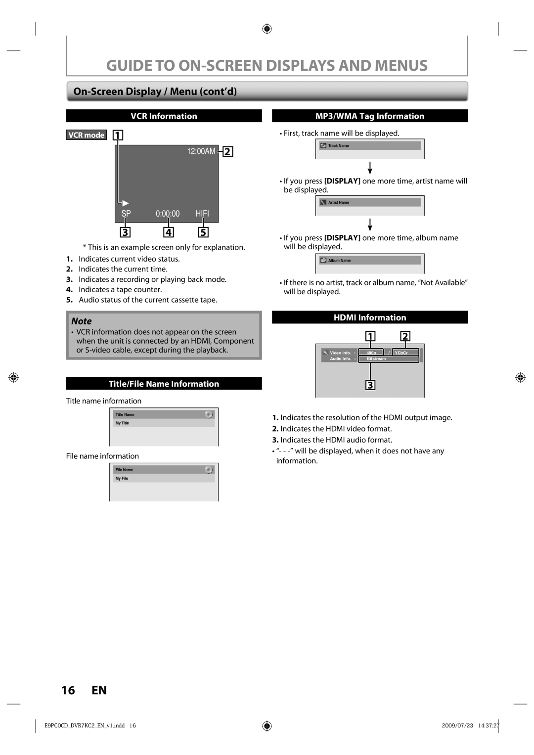 Toshiba D-VR7KC2 Guide to ON-SCREEN Displays and Menus, On-Screen Display / Menu cont’d, Title name information 