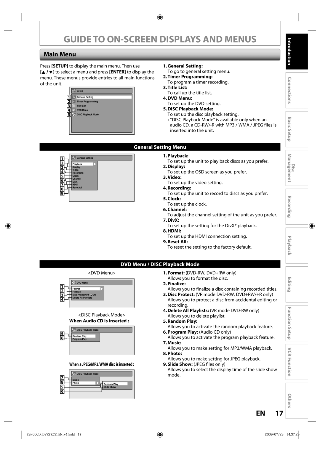 Toshiba D-VR7KC2 owner manual Main Menu 