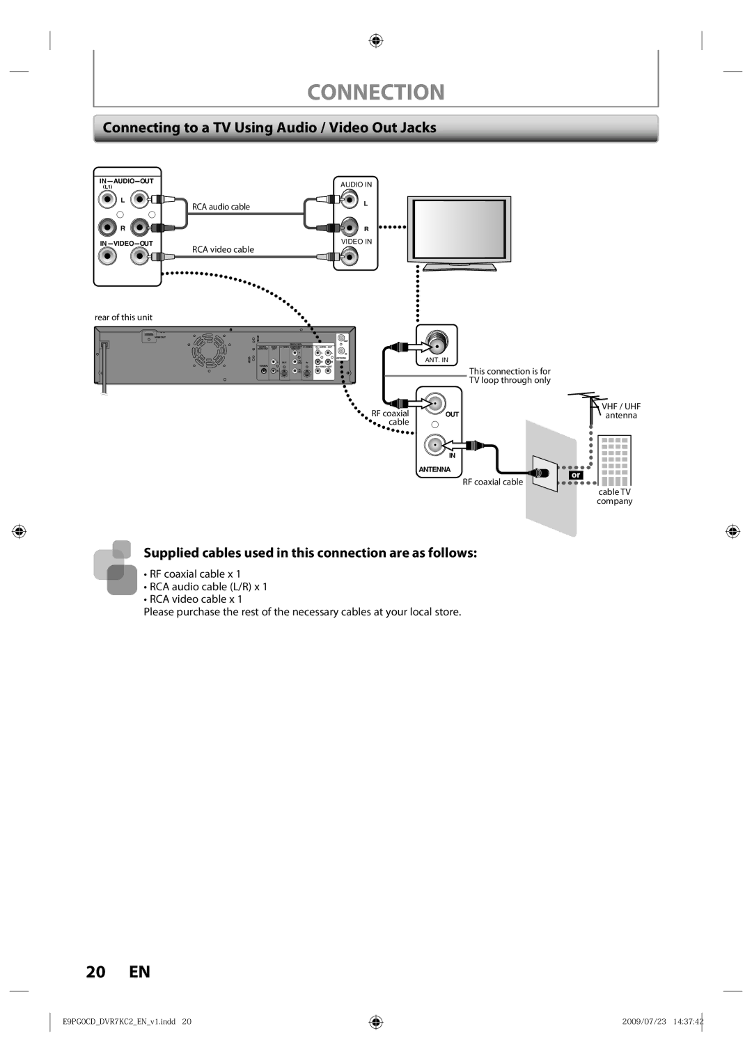 Toshiba D-VR7KC2 owner manual Connection, Connecting to a TV Using Audio / Video Out Jacks 