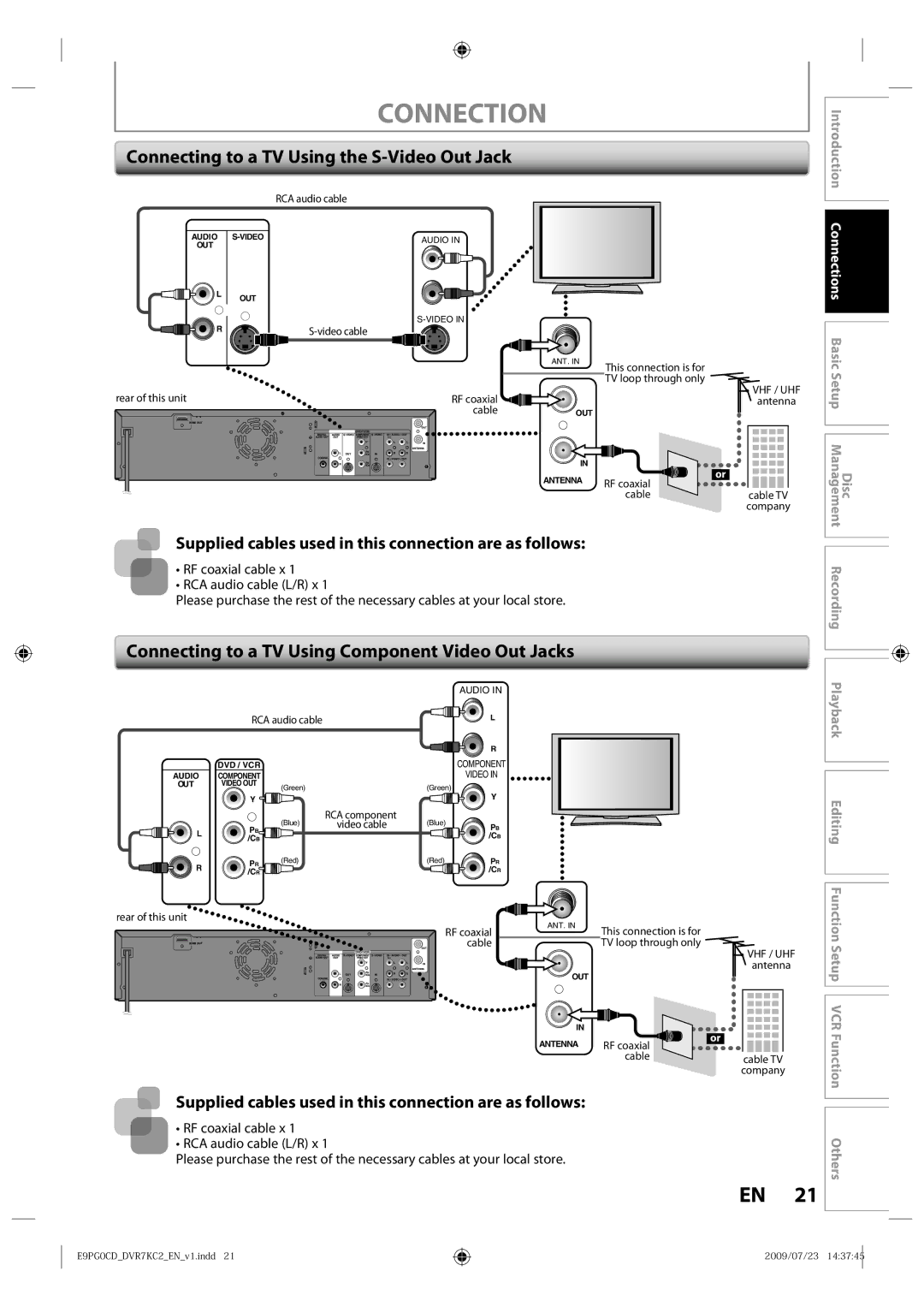 Toshiba D-VR7KC2 Connecting to a TV Using the S-Video Out Jack, Connecting to a TV Using Component Video Out Jacks 