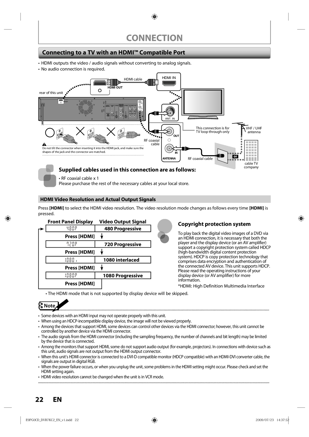 Toshiba D-VR7KC2 owner manual Connecting to a TV with an Hdmi Compatible Port, Copyright protection system 