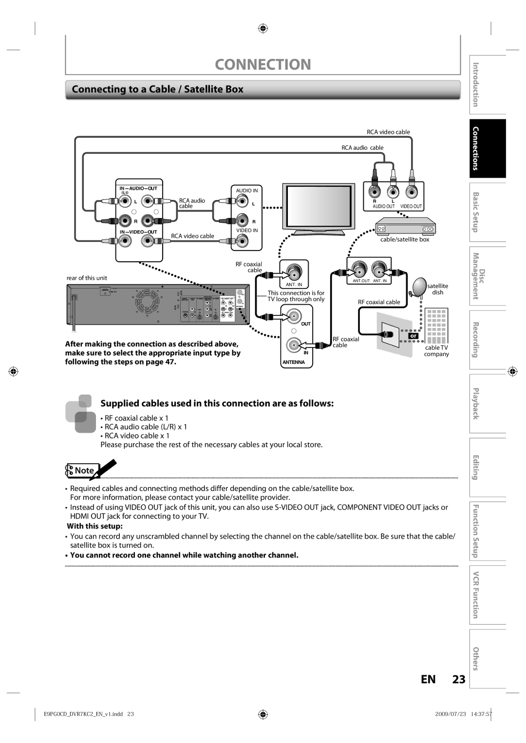 Toshiba D-VR7KC2 Connecting to a Cable / Satellite Box, After making the connection as described above, With this setup 