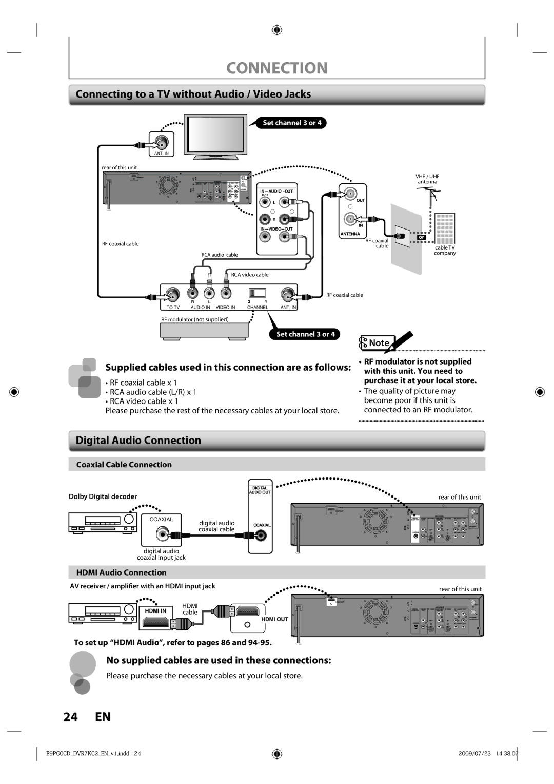 Toshiba D-VR7KC2 owner manual Connecting to a TV without Audio / Video Jacks, Digital Audio Connection 