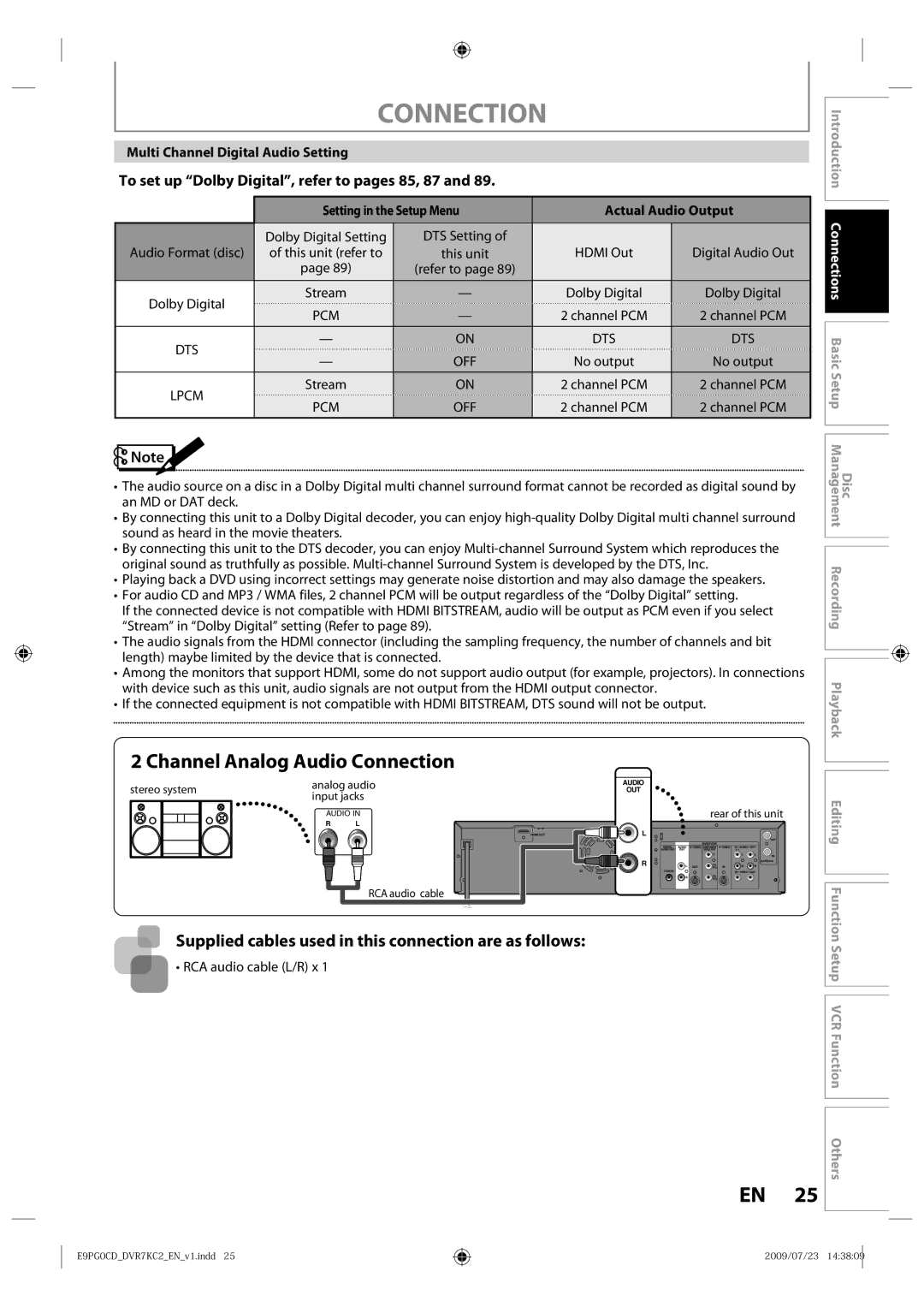 Toshiba D-VR7KC2 owner manual To set up Dolby Digital, refer to pages 85, 87, Multi Channel Digital Audio Setting 