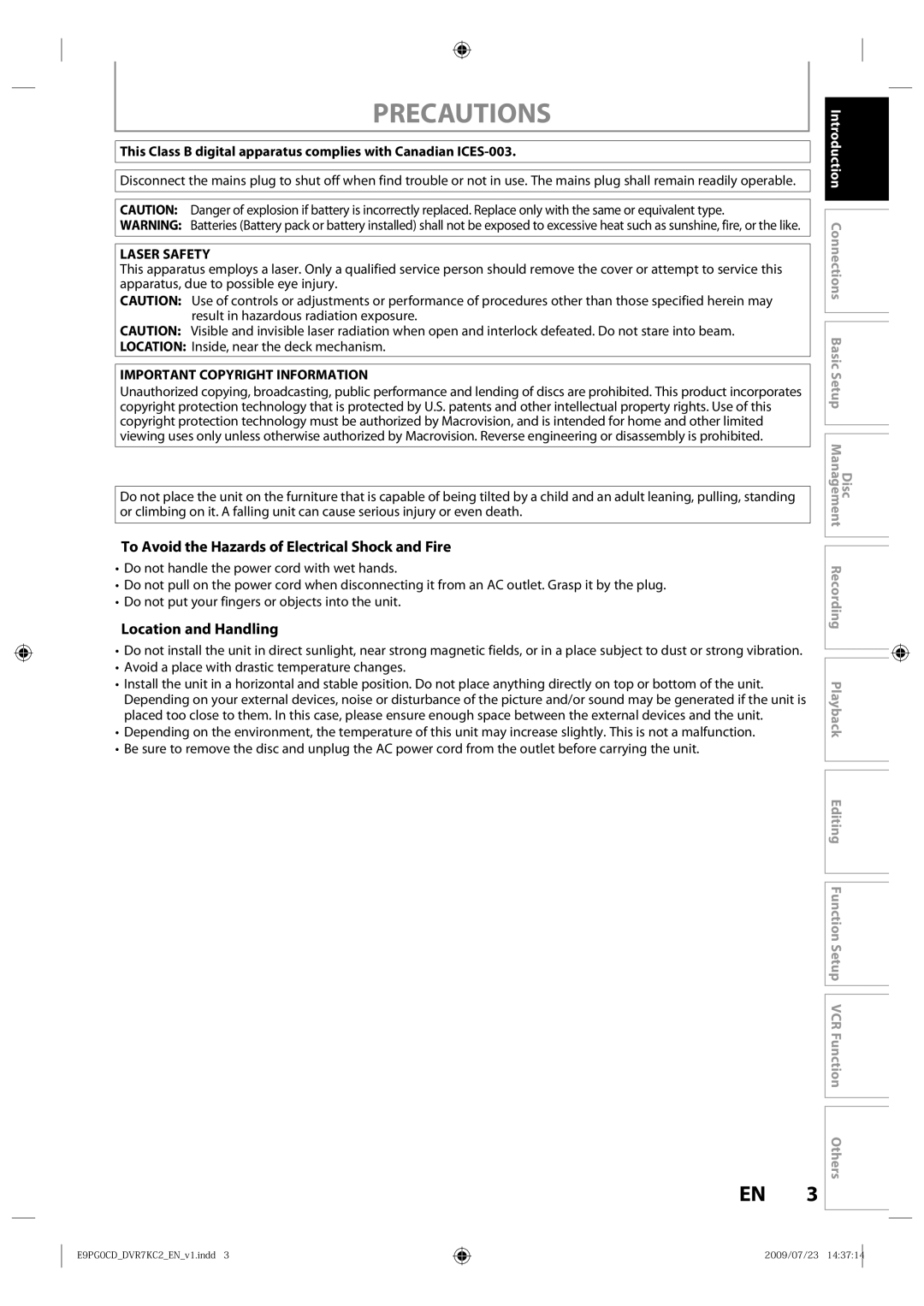 Toshiba D-VR7KC2 owner manual Precautions, To Avoid the Hazards of Electrical Shock and Fire, Location and Handling 