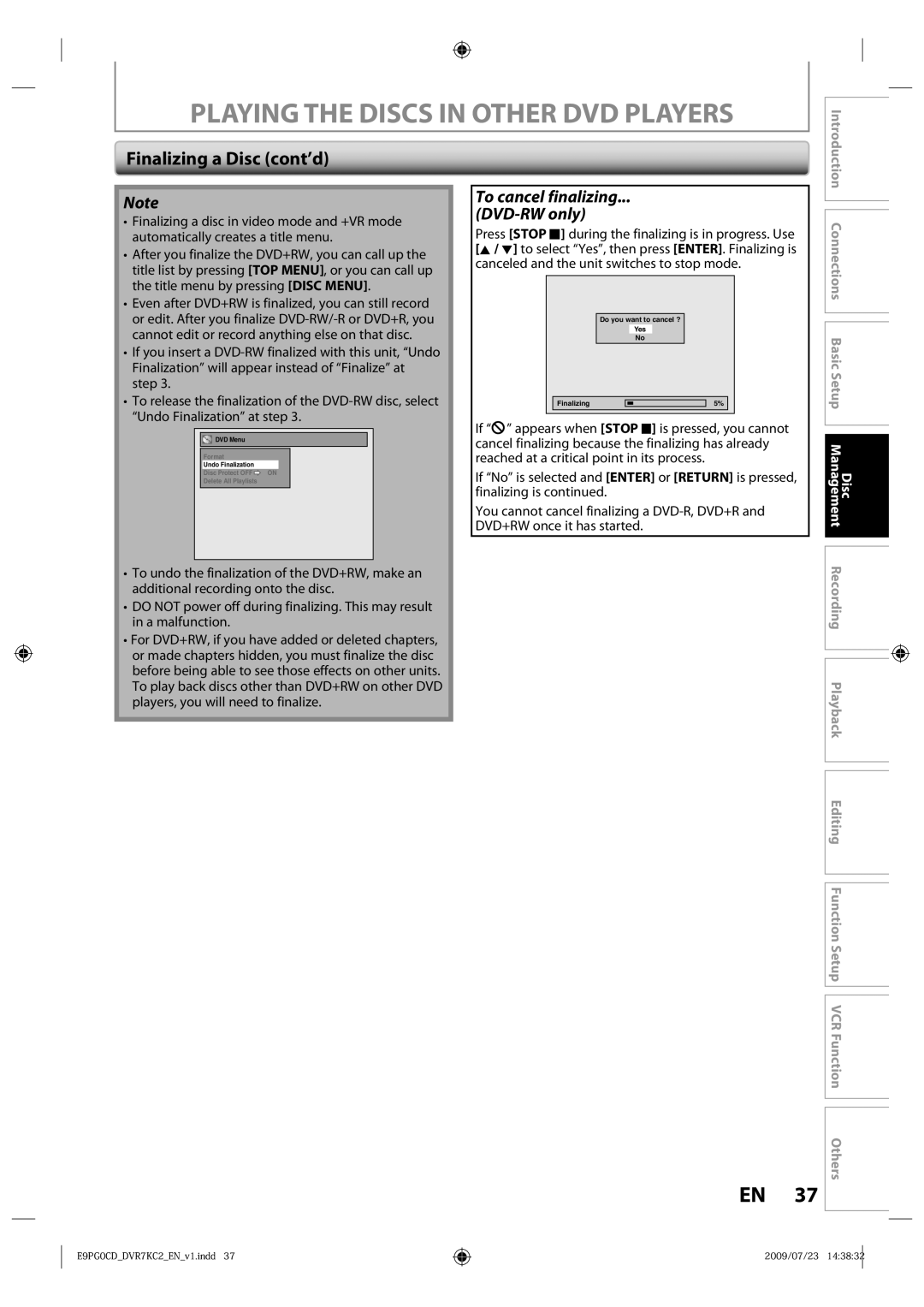 Toshiba D-VR7KC2 owner manual Finalizing a Disc cont’d, To cancel finalizing DVD-RW only 