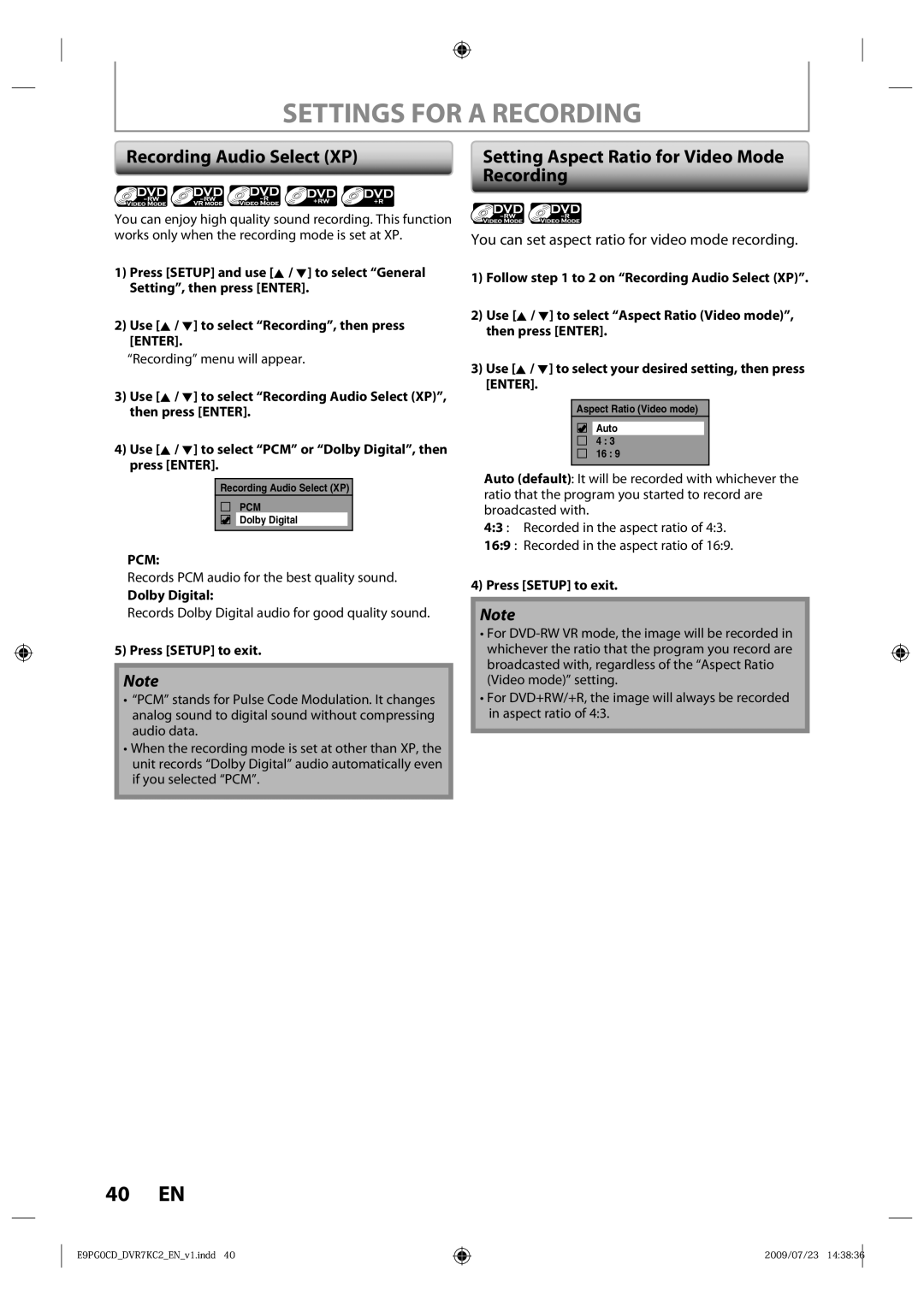 Toshiba D-VR7KC2 Settings for a Recording, Recording Audio Select XP, Setting Aspect Ratio for Video Mode, Dolby Digital 