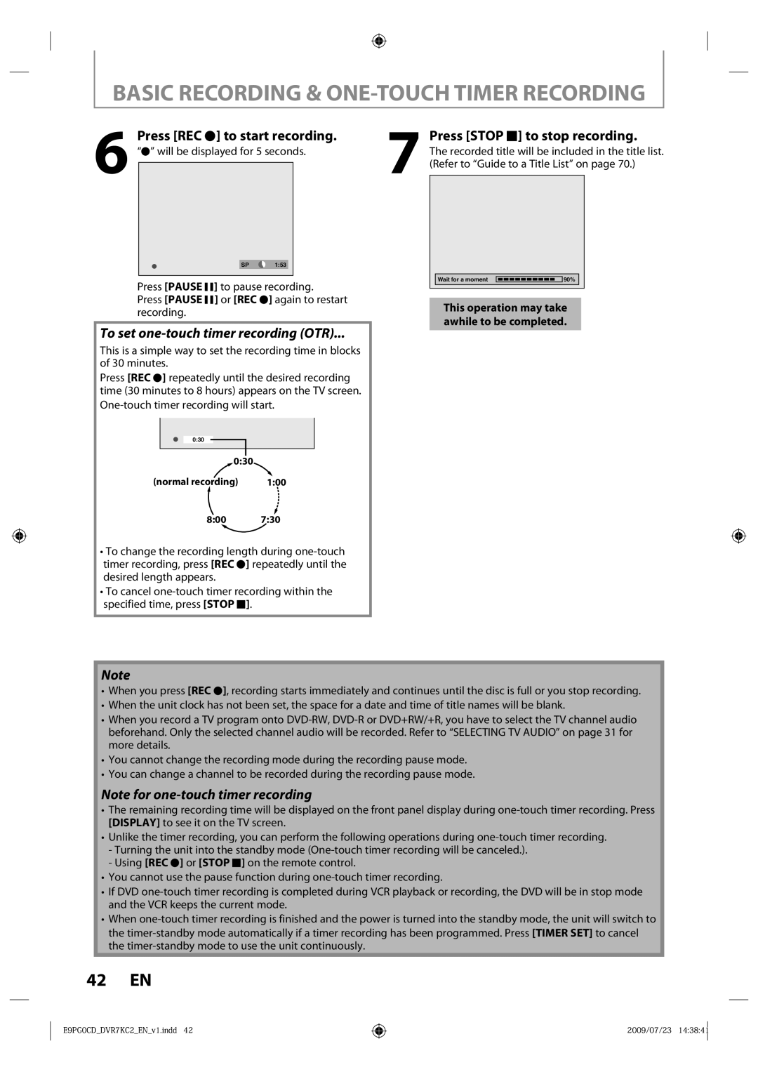 Toshiba D-VR7KC2 owner manual Basic Recording & ONE-TOUCH Timer Recording, Press REC I to start recording 