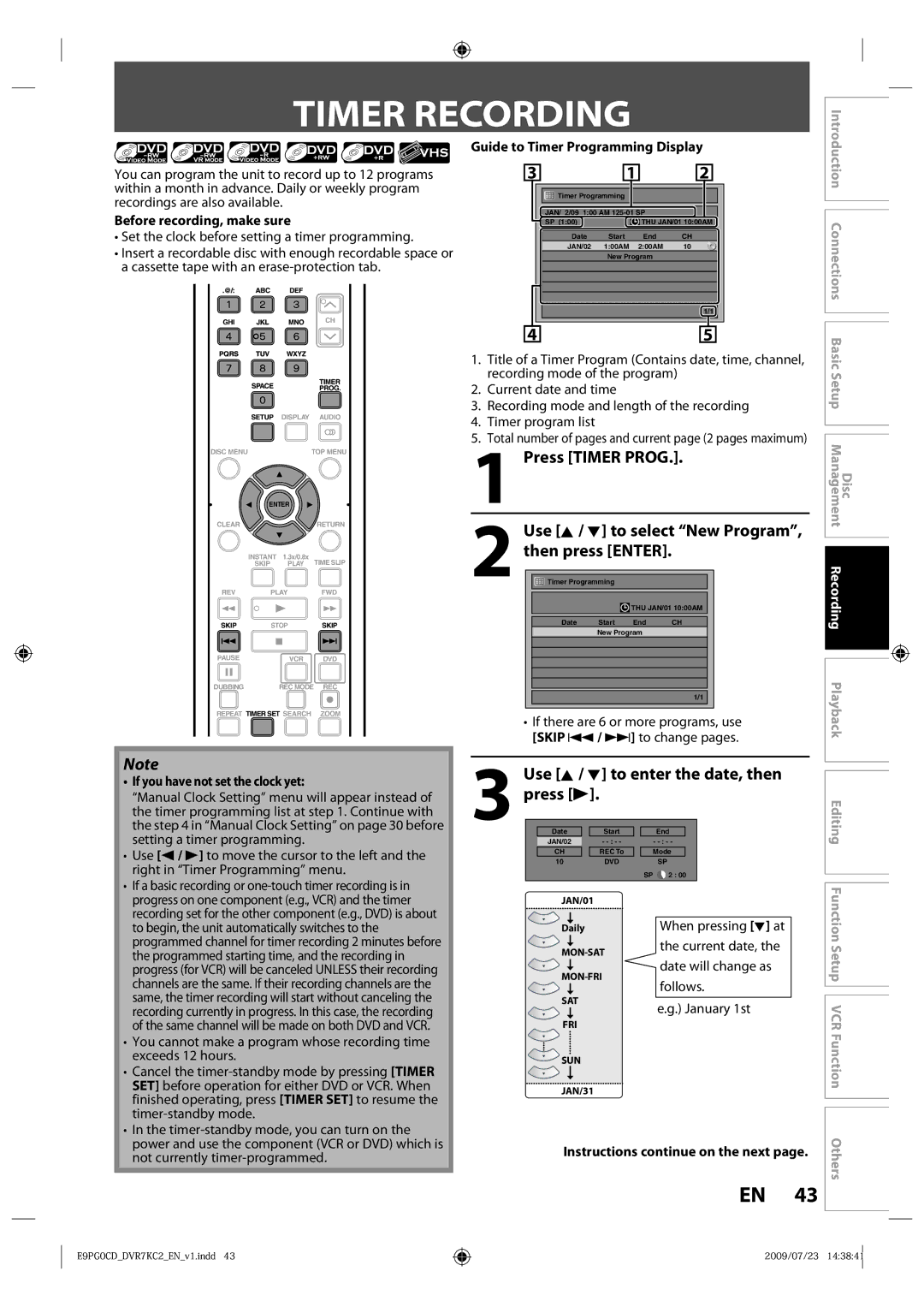 Toshiba D-VR7KC2 owner manual Timer Recording, Use K / L to enter the date, then, Press B 