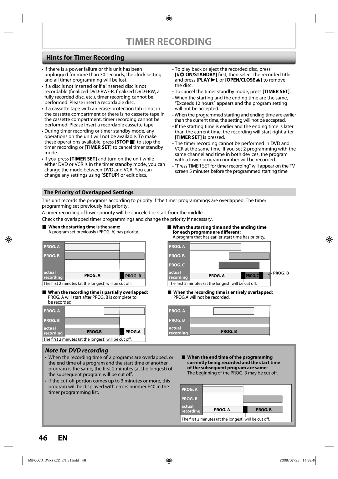 Toshiba D-VR7KC2 owner manual Hints for Timer Recording, Priority of Overlapped Settings 