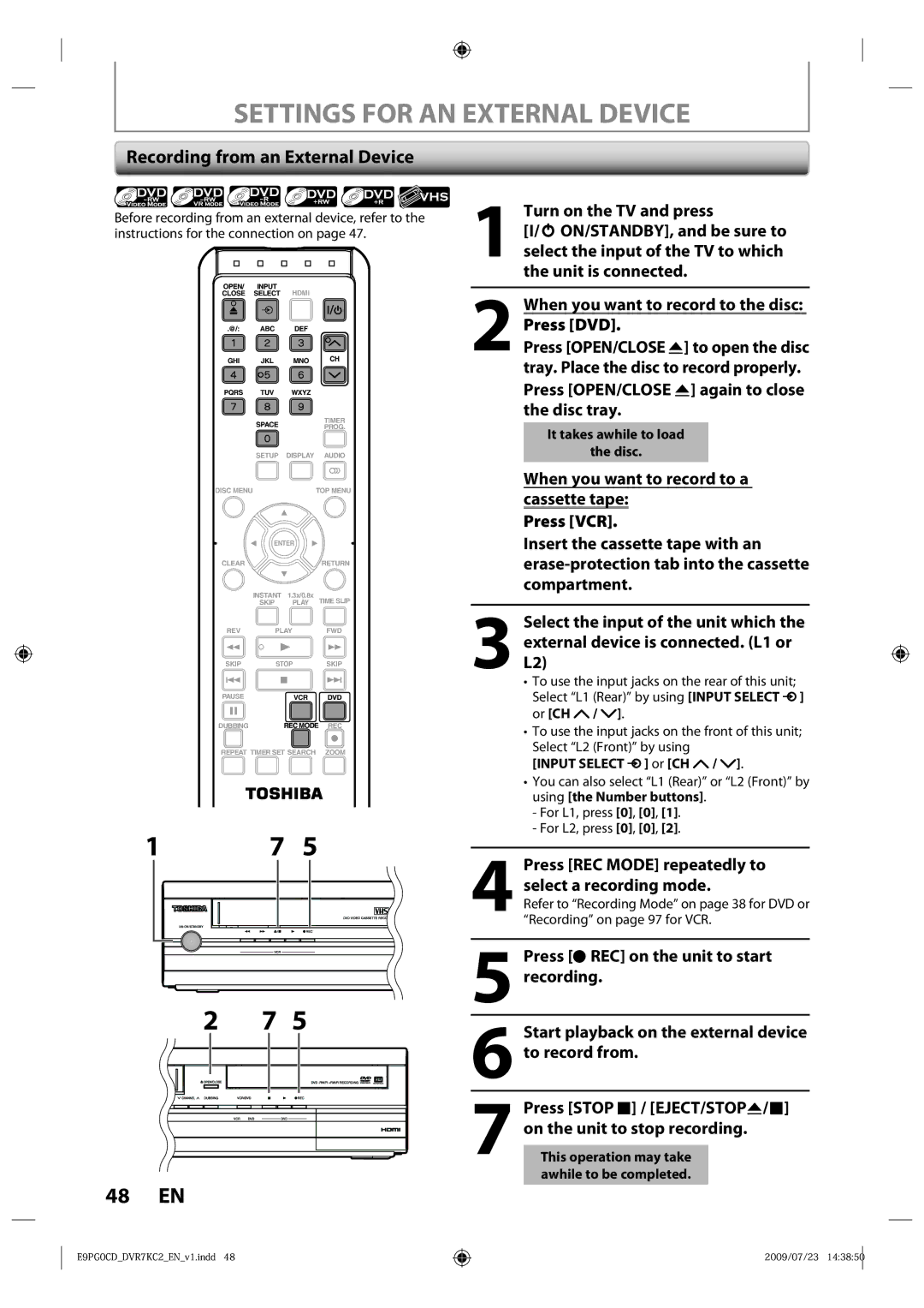 Toshiba D-VR7KC2 owner manual Settings for AN External Device, Recording from an External Device 