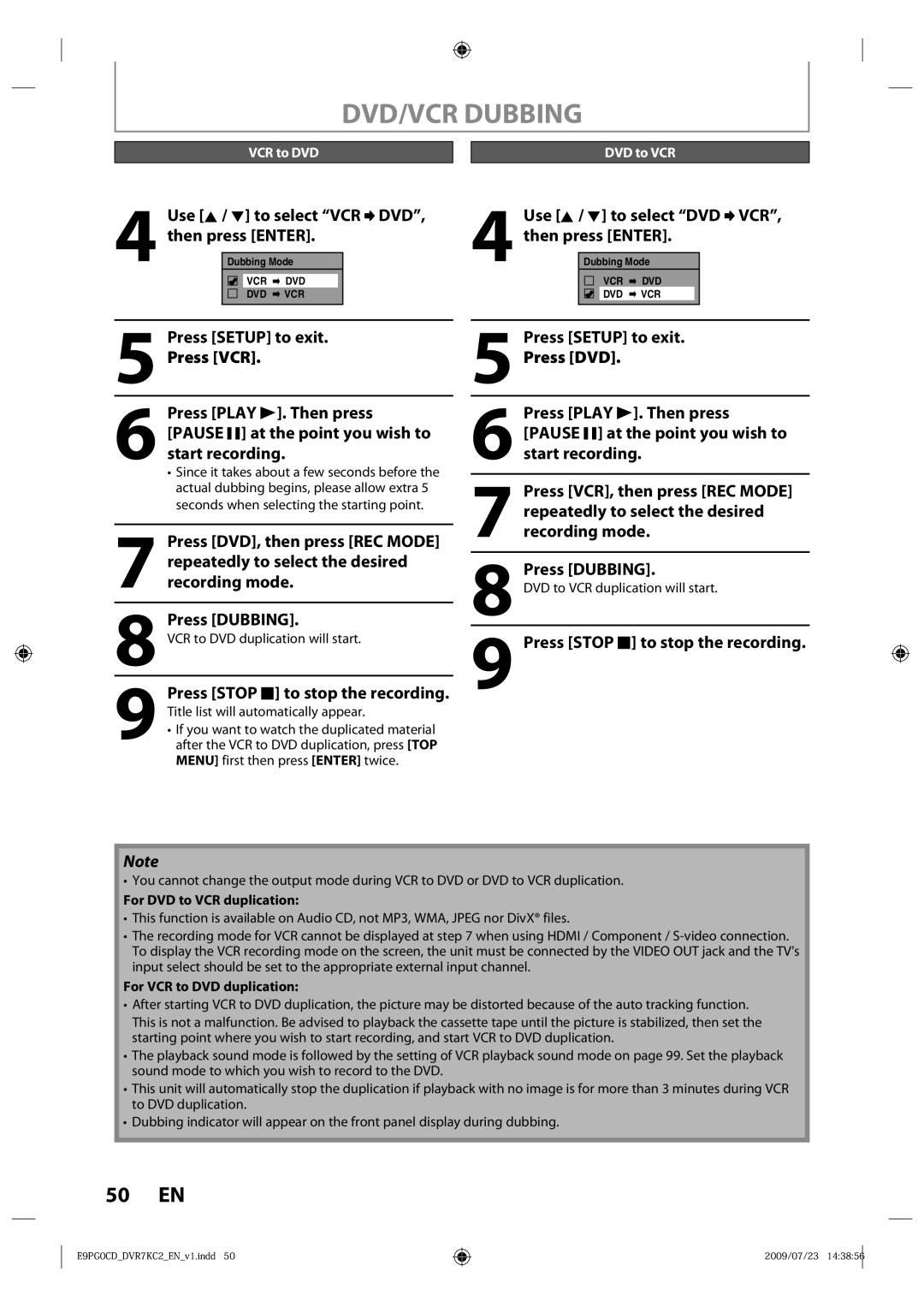 Toshiba D-VR7KC2 DVD/VCR Dubbing, Press Stop C to stop the recording, VCR to DVD DVD to VCR, For DVD to VCR duplication 