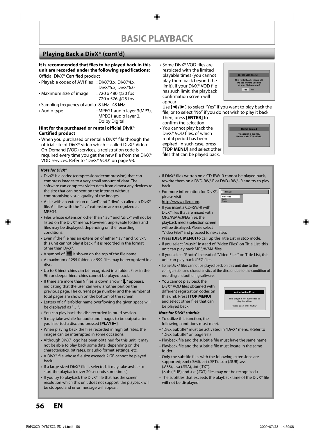 Toshiba D-VR7KC2 owner manual Playing Back a DivX cont’d 