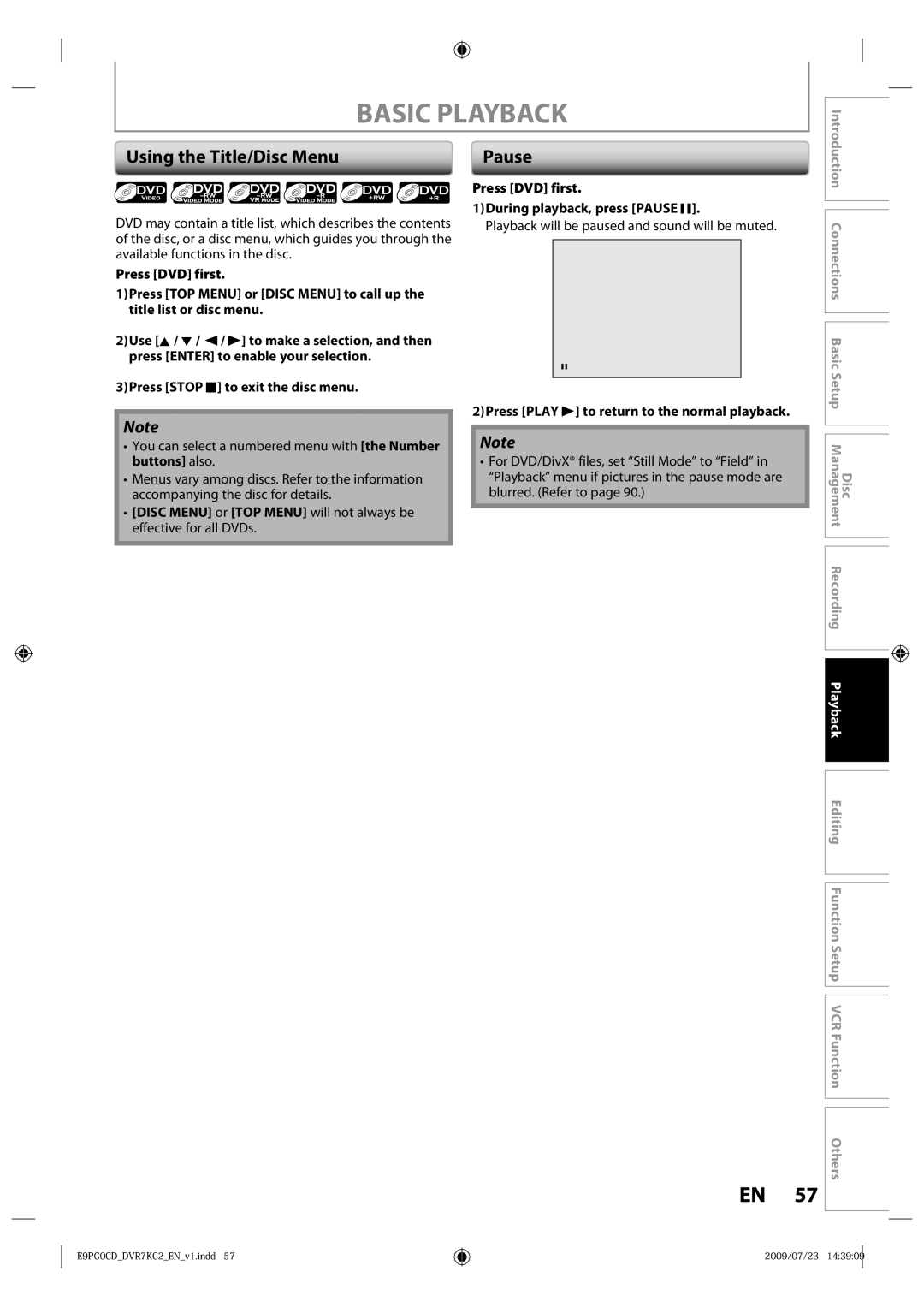 Toshiba D-VR7KC2 owner manual Using the Title/Disc Menu, Press DVD first During playback, press Pause F 