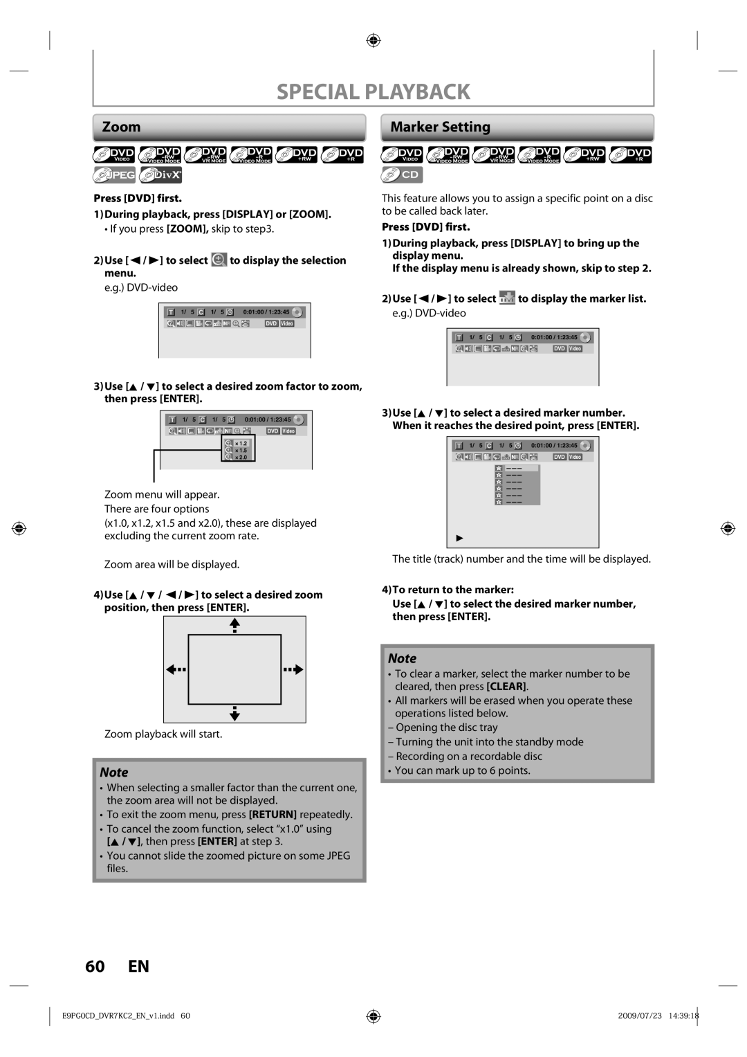 Toshiba D-VR7KC2 owner manual Marker Setting, Press DVD first During playback, press Display or Zoom 