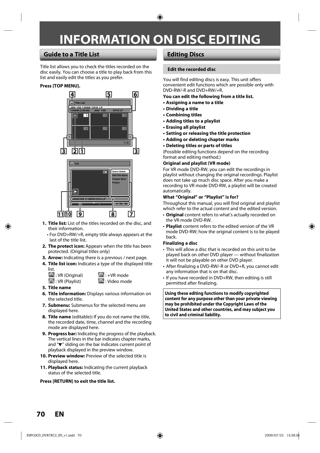 Toshiba D-VR7KC2 owner manual Information on Disc Editing, Guide to a Title List 