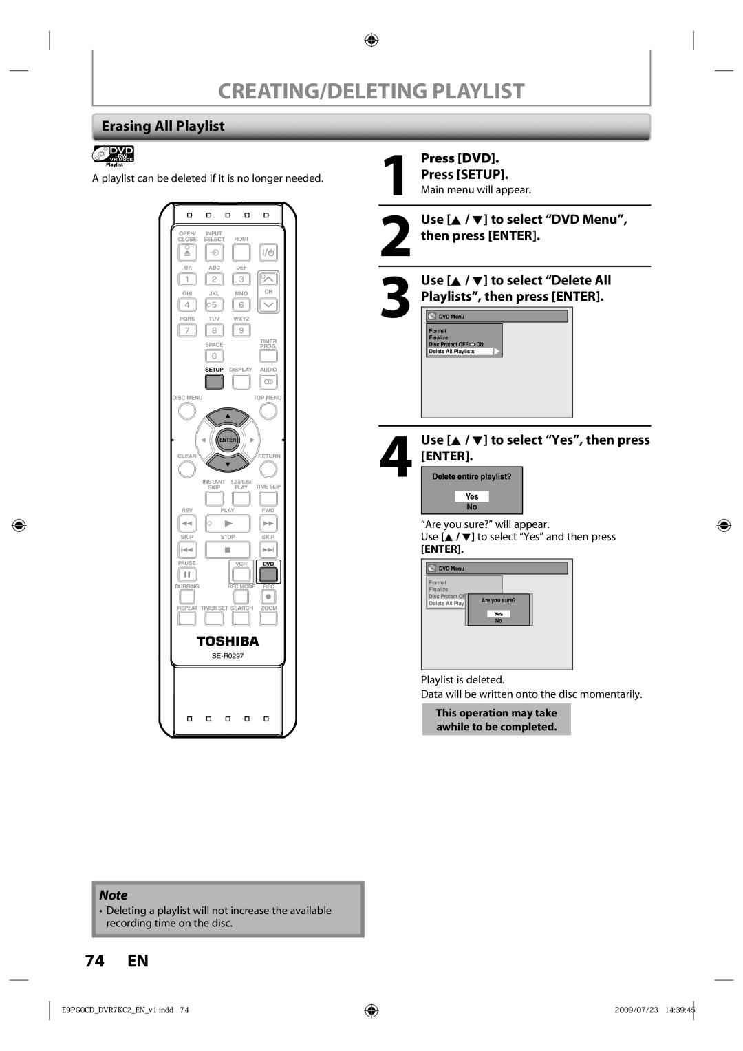 Toshiba D-VR7KC2 owner manual CREATING/DELETING Playlist, Erasing All Playlist, Press DVD Press Setup 