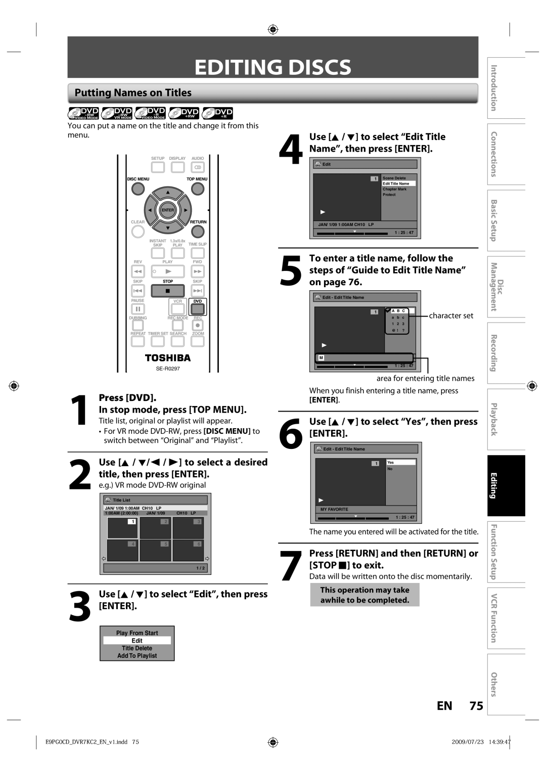 Toshiba D-VR7KC2 Editing Discs, Putting Names on Titles, To enter a title name, follow, Stop mode, press TOP Menu 