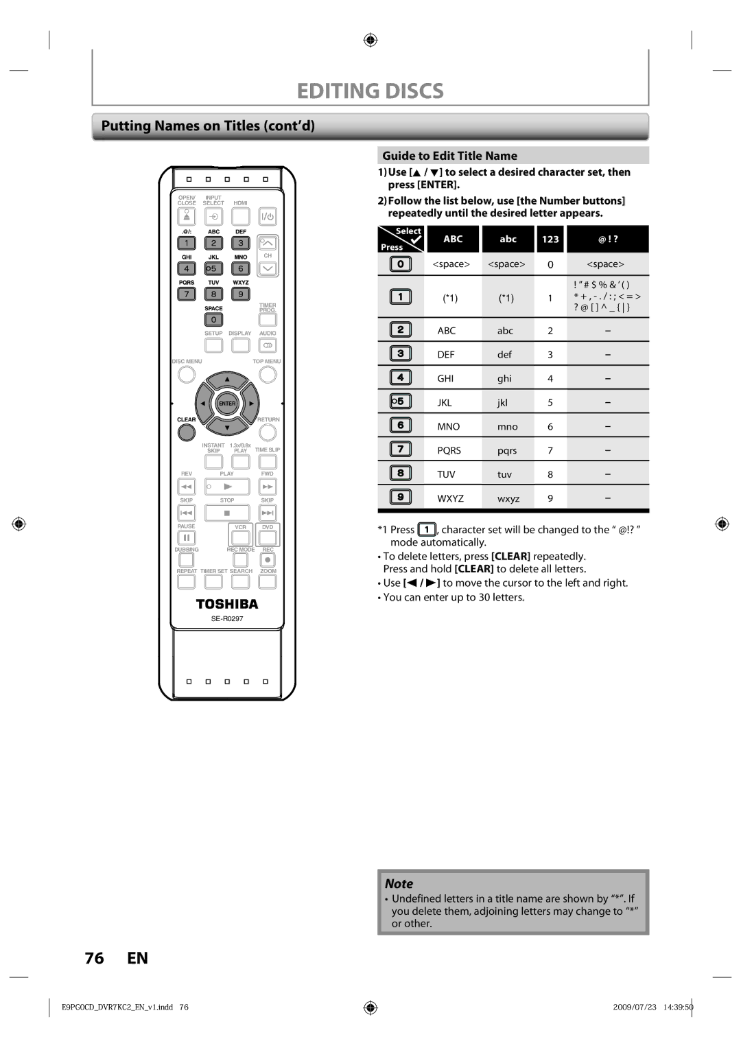 Toshiba D-VR7KC2 owner manual Editing Discs, Putting Names on Titles cont’d, Guide to Edit Title Name 