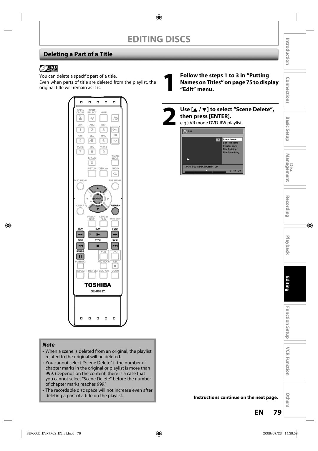 Toshiba D-VR7KC2 owner manual Deleting a Part of a Title, VR mode DVD-RW playlist 