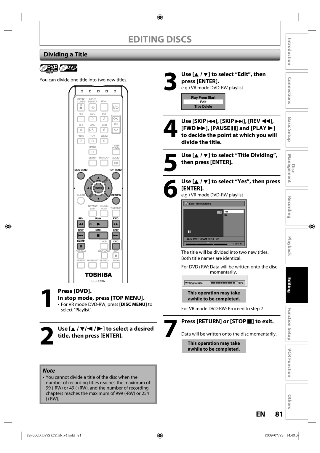 Toshiba D-VR7KC2 owner manual Dividing a Title, Press DVD Stop mode, press TOP Menu 