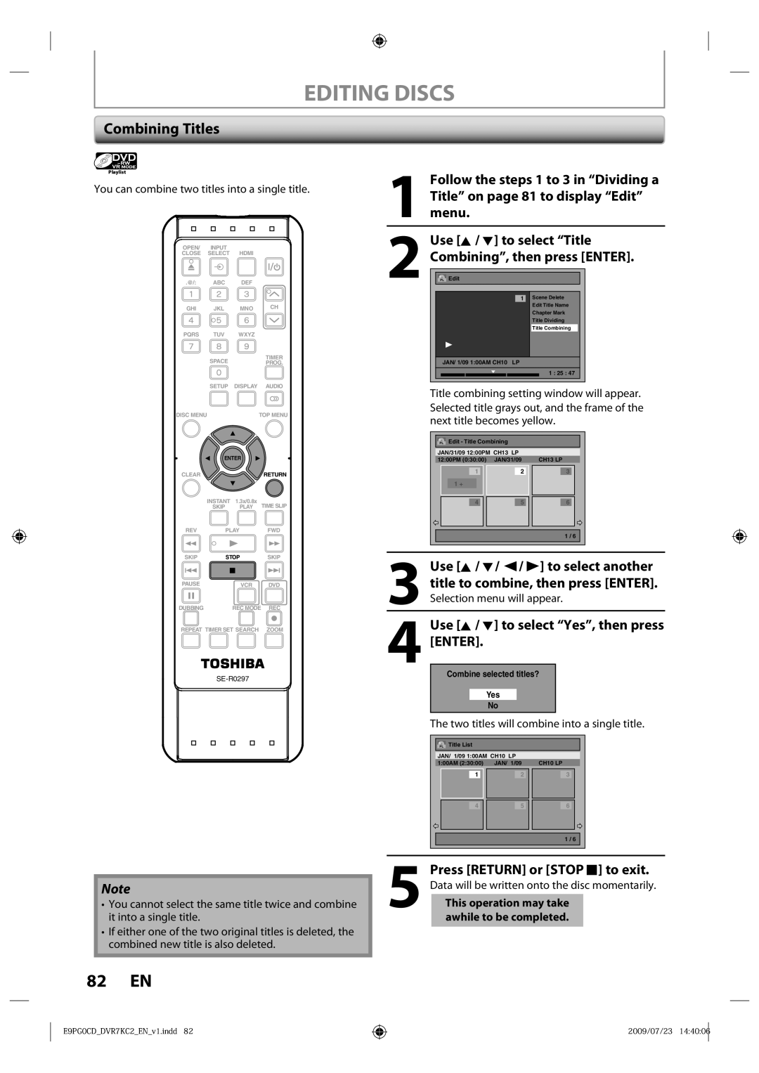 Toshiba D-VR7KC2 owner manual Combining Titles, You can combine two titles into a single title 