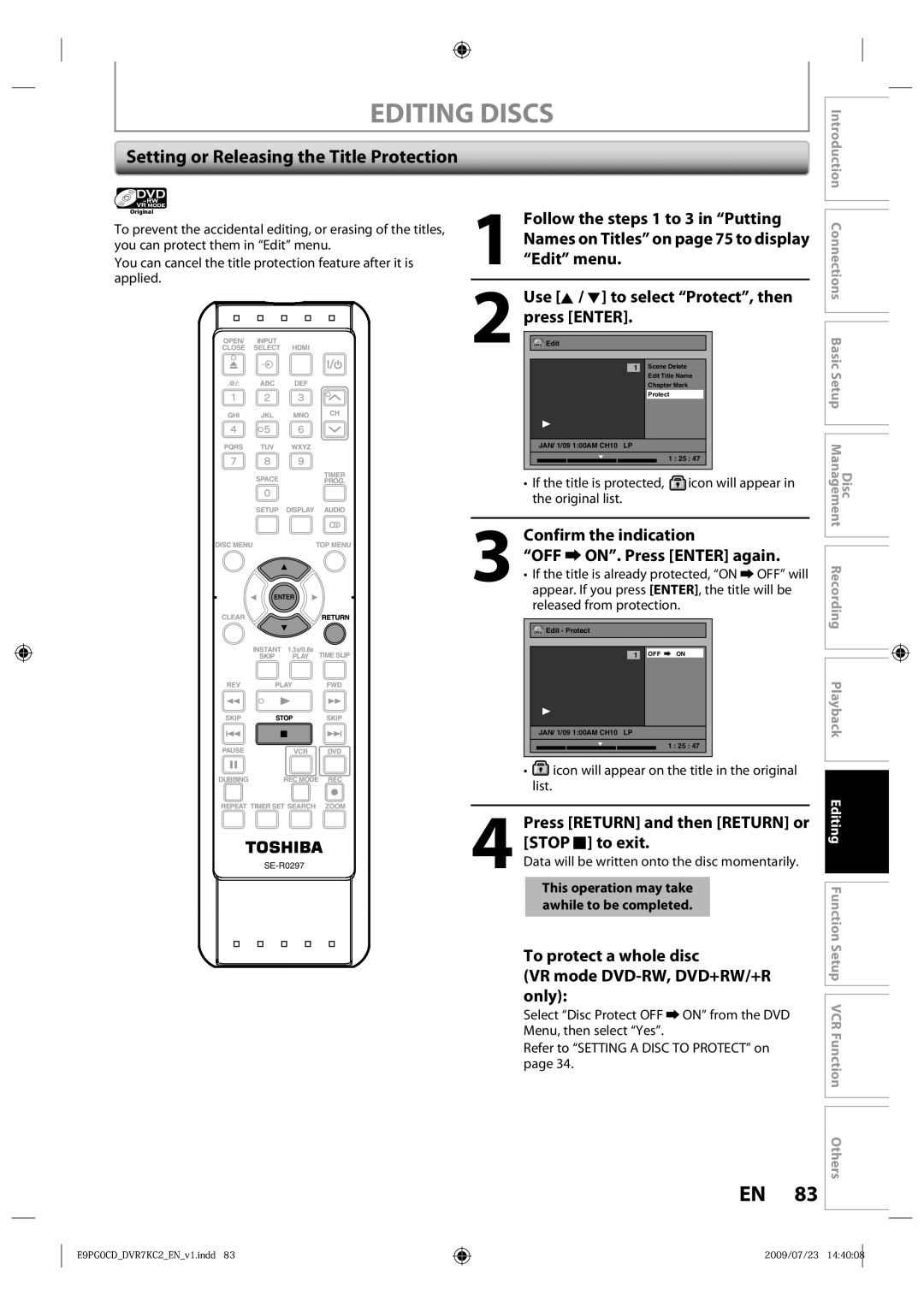 Toshiba D-VR7KC2 owner manual Setting or Releasing the Title Protection 