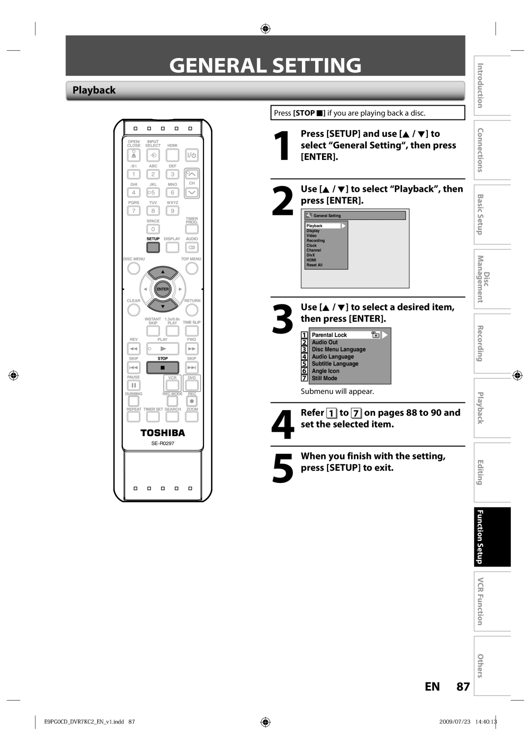 Toshiba D-VR7KC2 General Setting, Playback, Use K / L to select a desired item, then press Enter, Submenu will appear 