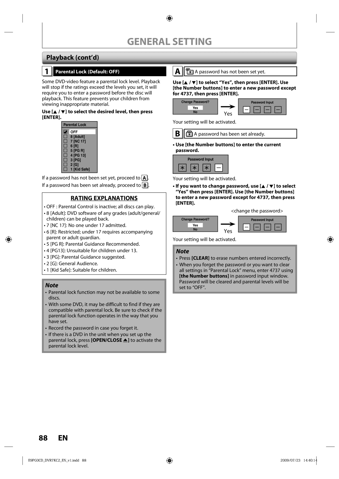 Toshiba D-VR7KC2 owner manual General Setting, Playback cont’d, Parental Lock Default OFF 