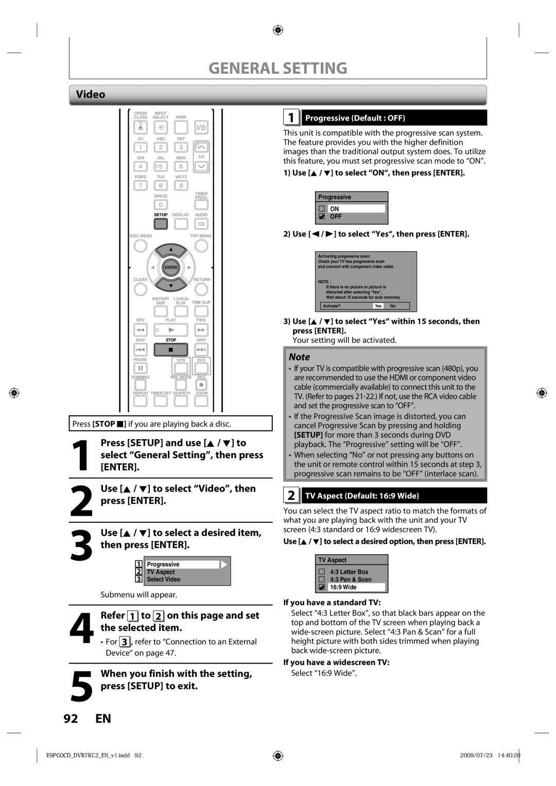 Toshiba D-VR7KC2 owner manual Video, Selected item, Refer 1 to 2 on this page and set, Progressive Default OFF 