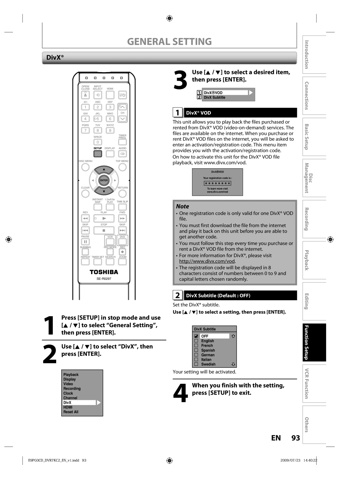 Toshiba D-VR7KC2 owner manual DivX VOD, DivX Subtitle Default OFF, Set the DivX subtitle 