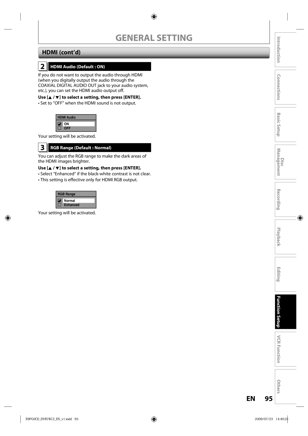 Toshiba D-VR7KC2 owner manual Hdmi cont’d, Hdmi Audio Default on, Set to OFF when the Hdmi sound is not output 