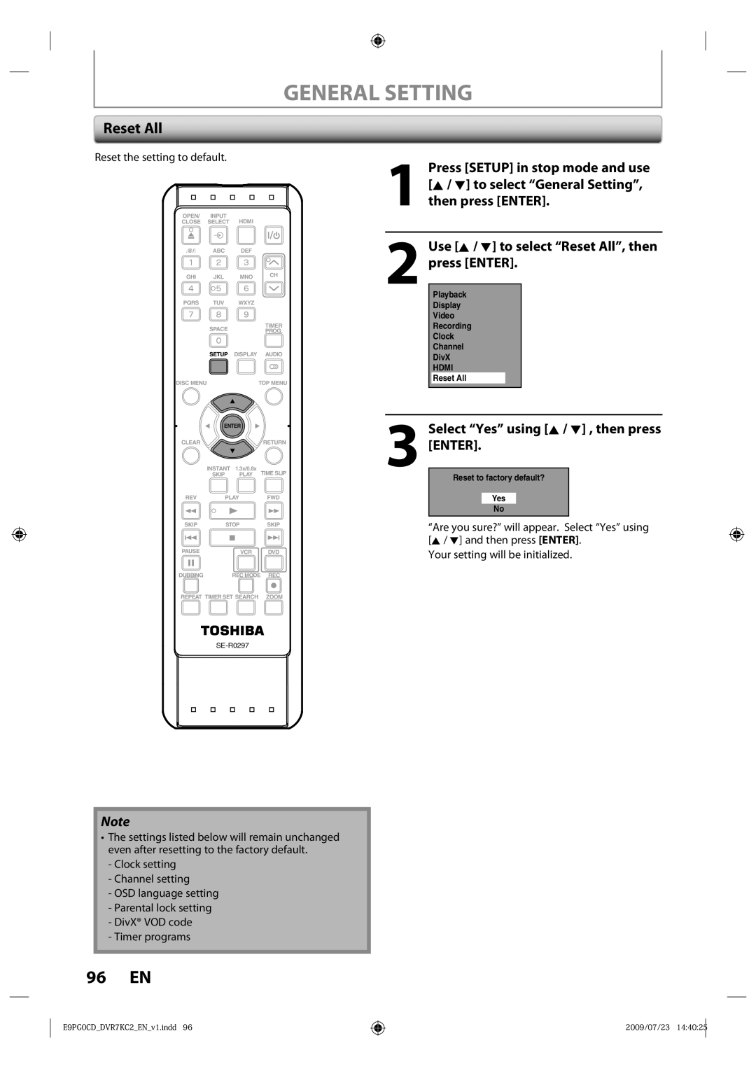 Toshiba D-VR7KC2 owner manual Reset All, Select Yes using K / L , then press Enter, Reset the setting to default 