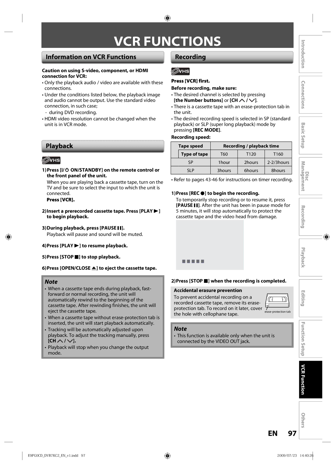 Toshiba D-VR7KC2 owner manual Information on VCR Functions, Setup VCR Function Others 