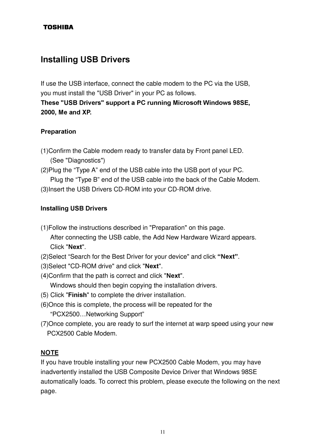 Toshiba DAZ8821F/S owner manual Installing USB Drivers 