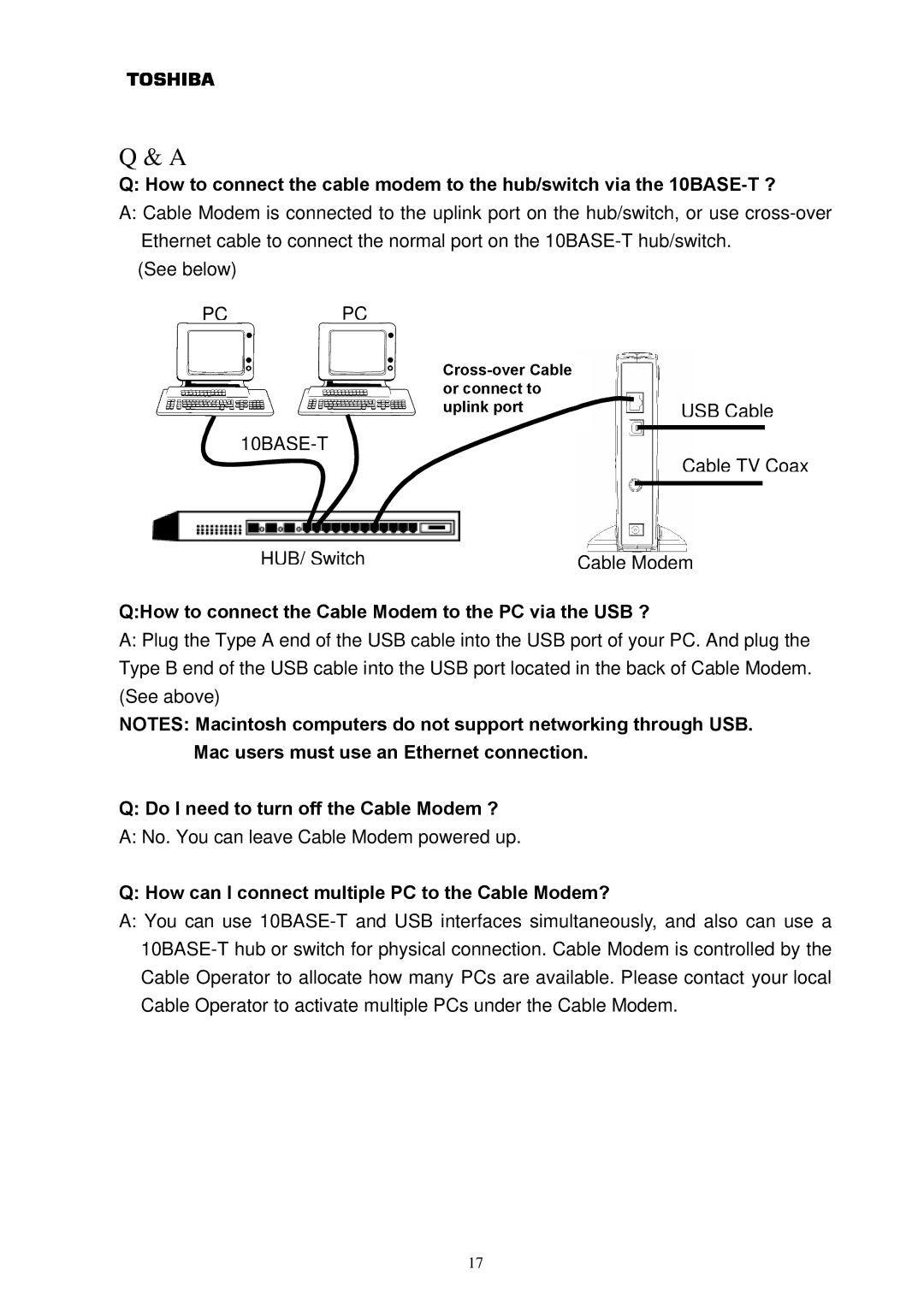 Toshiba DAZ8821F/S owner manual USB Cable, QHow to connect the Cable Modem to the PC via the USB ? 