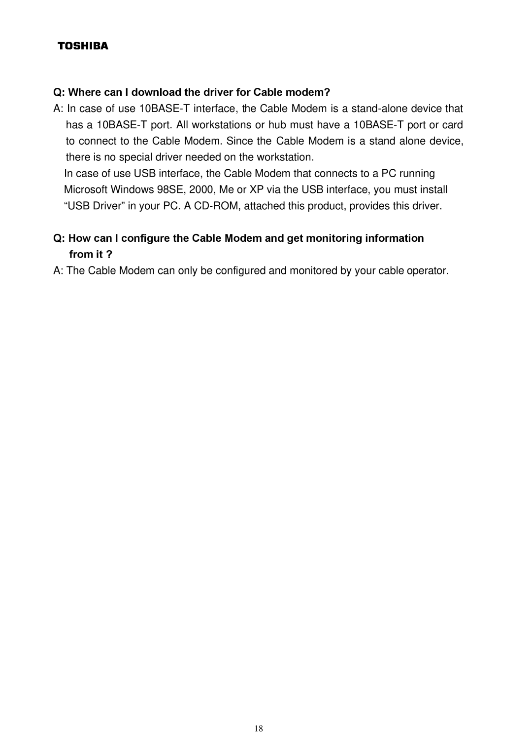 Toshiba DAZ8821F/S owner manual Where can I download the driver for Cable modem? 