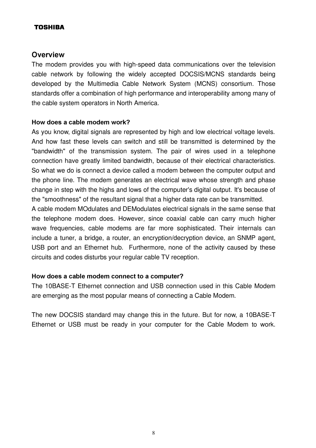 Toshiba DAZ8821F/S owner manual Overview, How does a cable modem work?, How does a cable modem connect to a computer? 