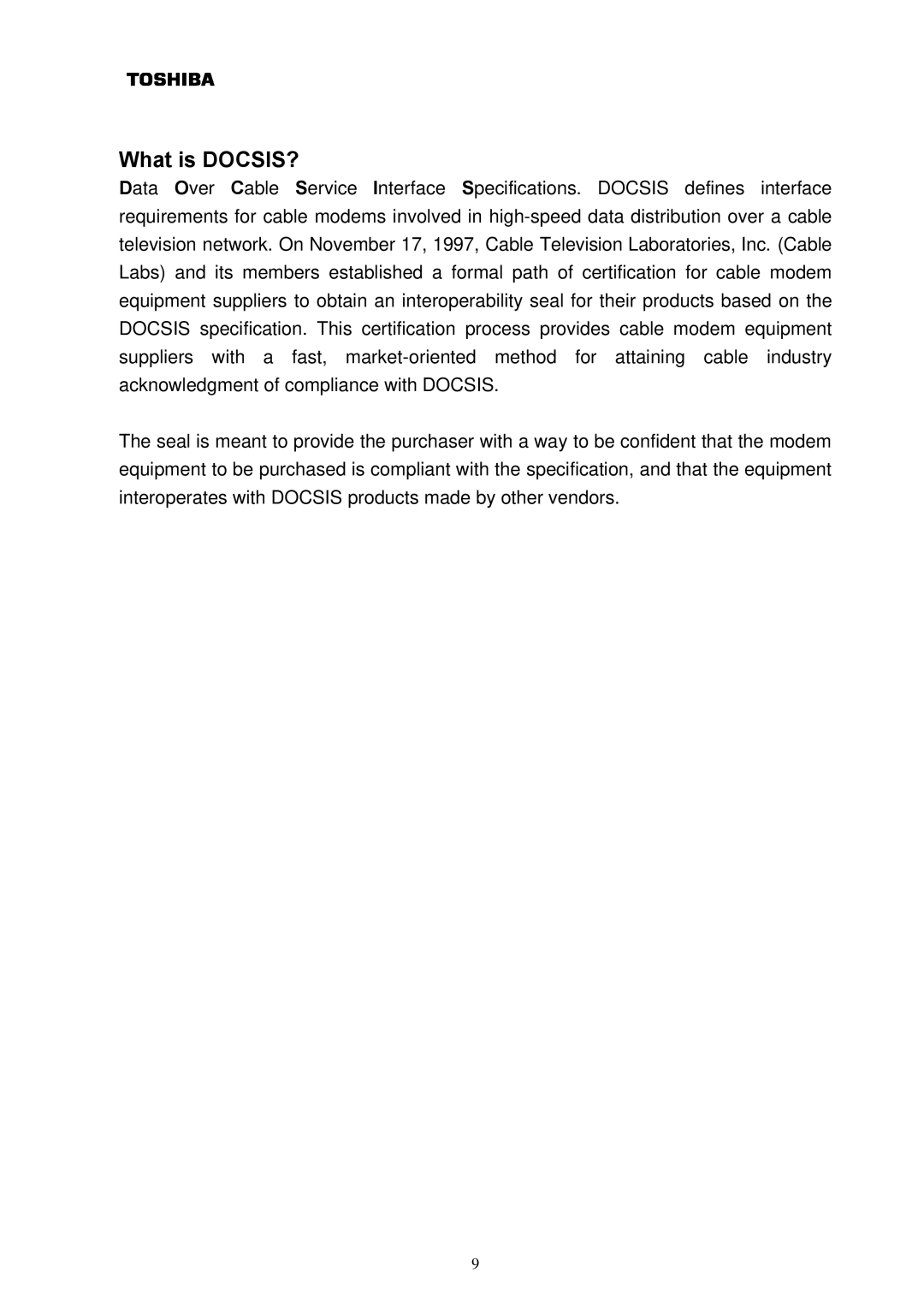 Toshiba DAZ8821F/S owner manual What is DOCSIS? 