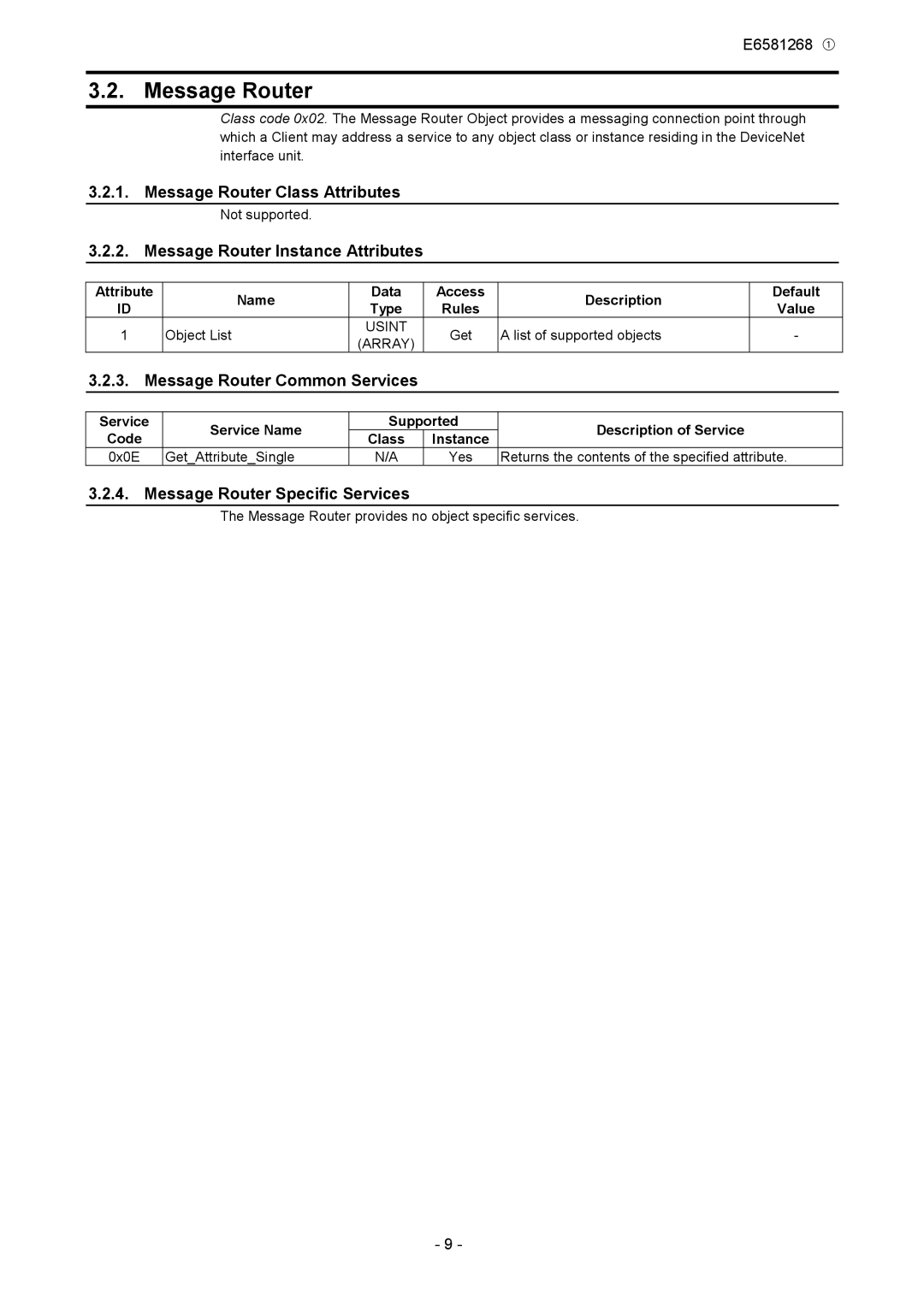 Toshiba DEV001Z Message Router Class Attributes, Message Router Instance Attributes, Message Router Common Services 