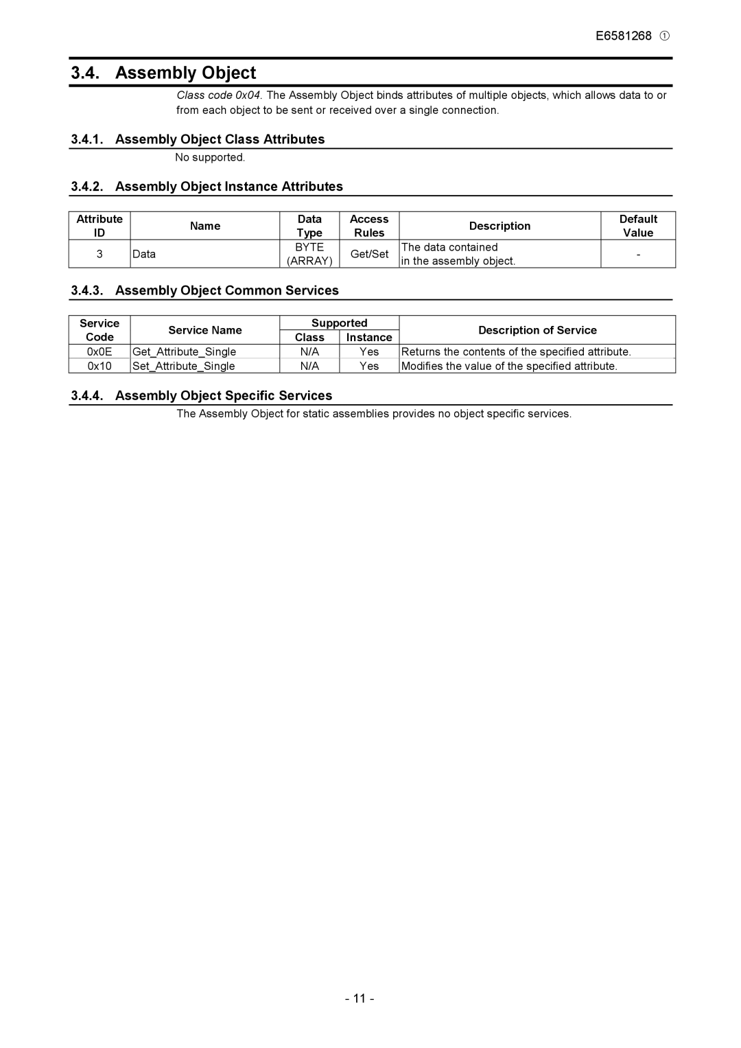 Toshiba DEV001Z Assembly Object Class Attributes, Assembly Object Instance Attributes, Assembly Object Common Services 