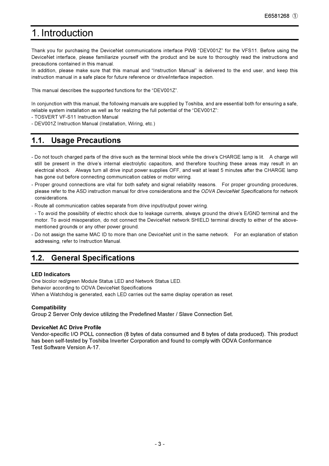 Toshiba DEV001Z manual Usage Precautions, General Specifications, LED Indicators, Compatibility, DeviceNet AC Drive Profile 