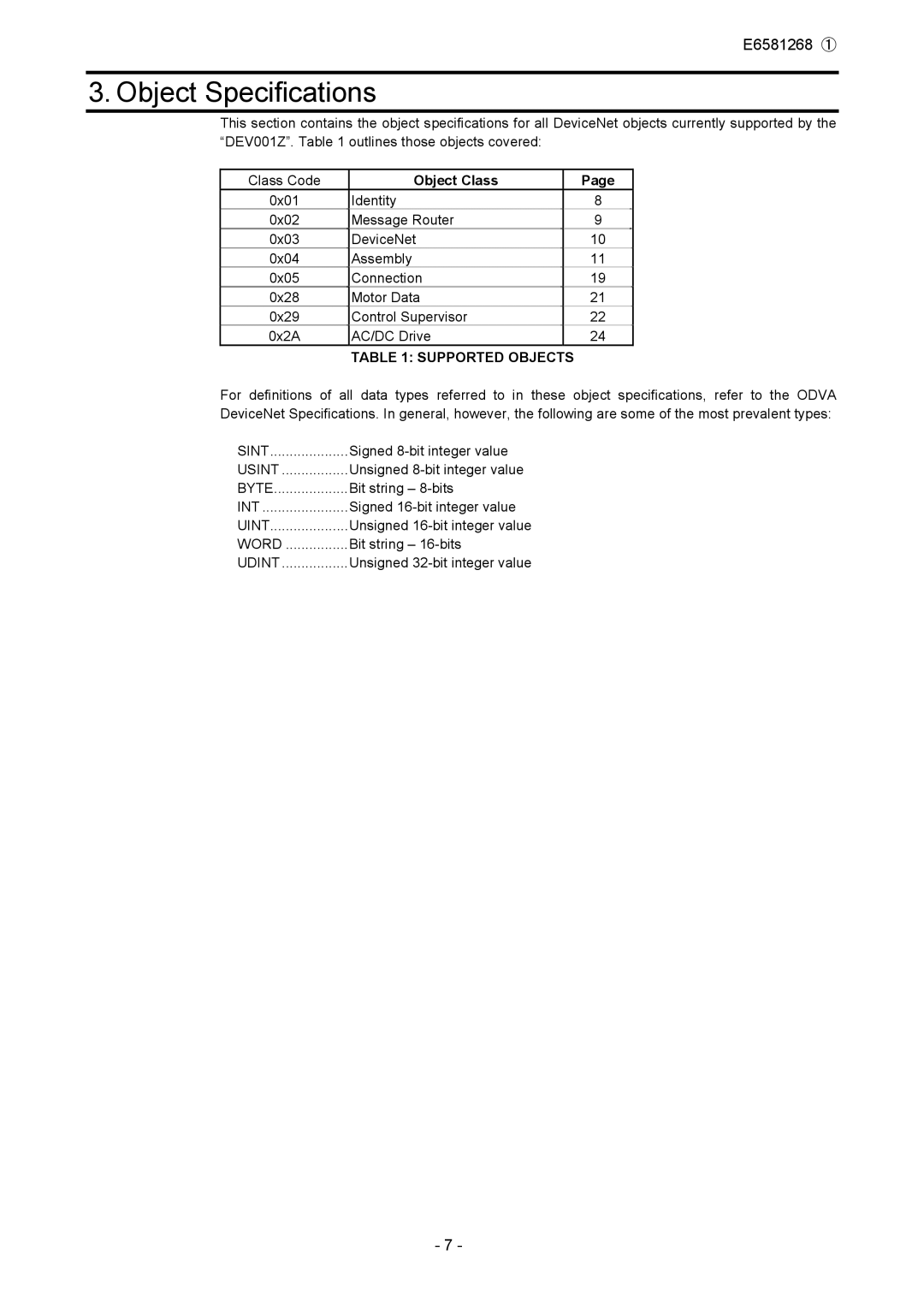 Toshiba DEV001Z manual Object Specifications, Object Class 