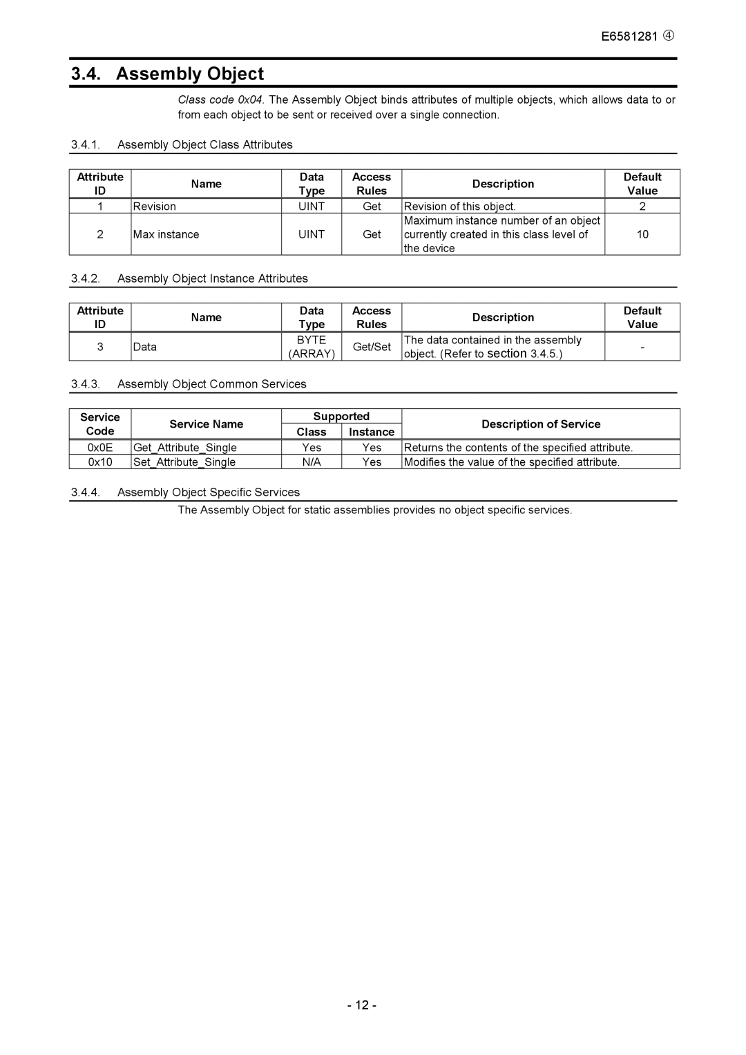 Toshiba DEV002Z-1 manual Assembly Object Class Attributes, Assembly Object Instance Attributes 