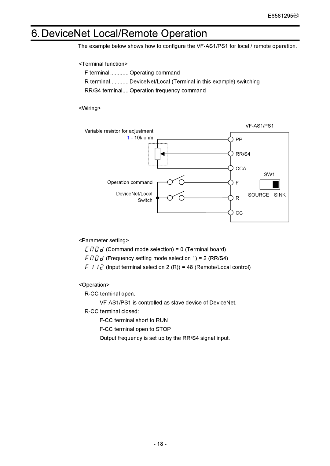 Toshiba DEV002Z instruction manual DeviceNet Local/Remote Operation, VF-AS1/PS1 RR/S4 CCA SW1 Source Sink 